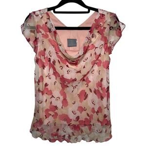 Y2K Cowl Neck Flutter‎ Sleeve Top Pink Floral Sz 8 Cottage Fairy Romantic Office